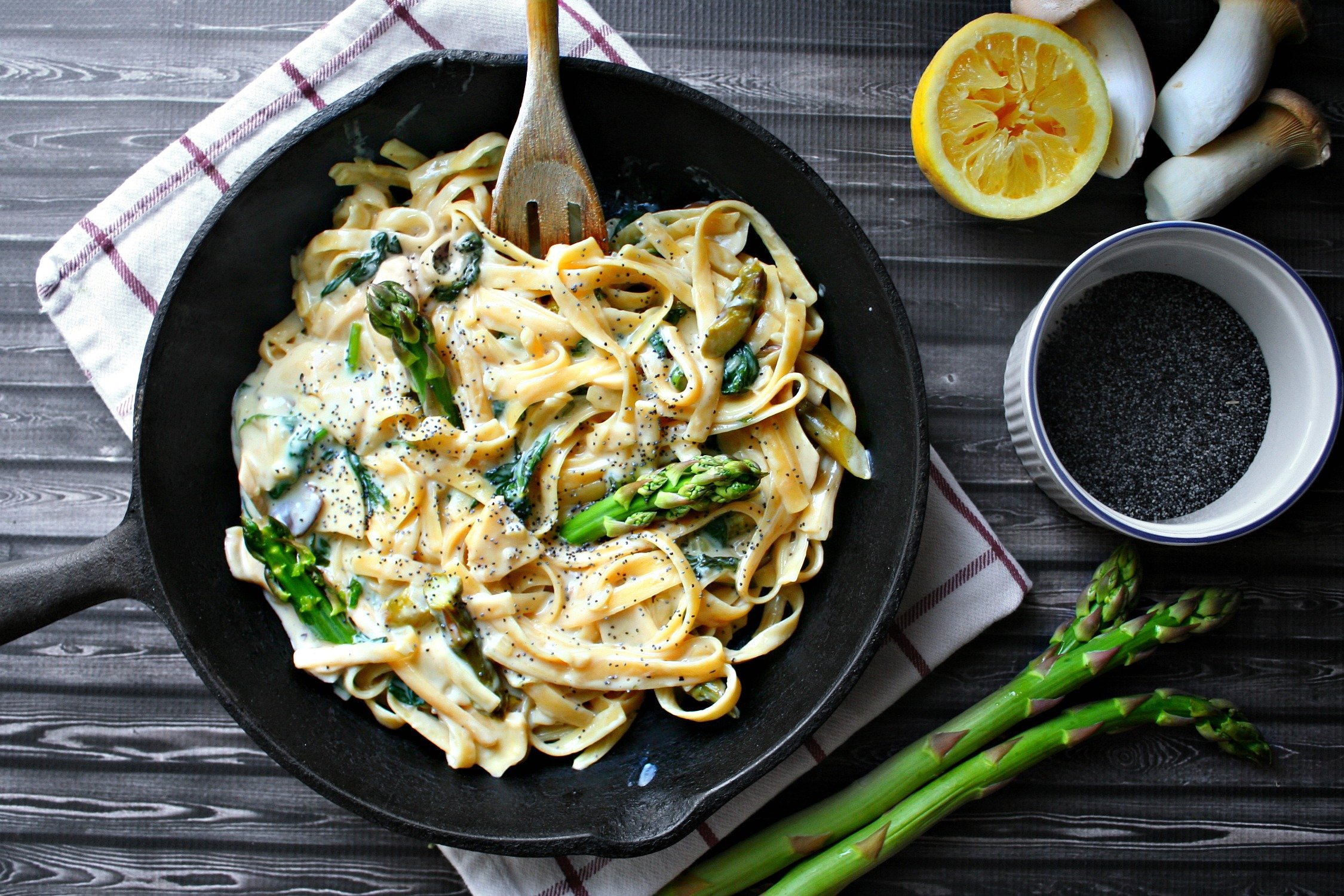 Lemon Poppy Seed Cream Pasta with Oyster Mushrooms and Asparagus