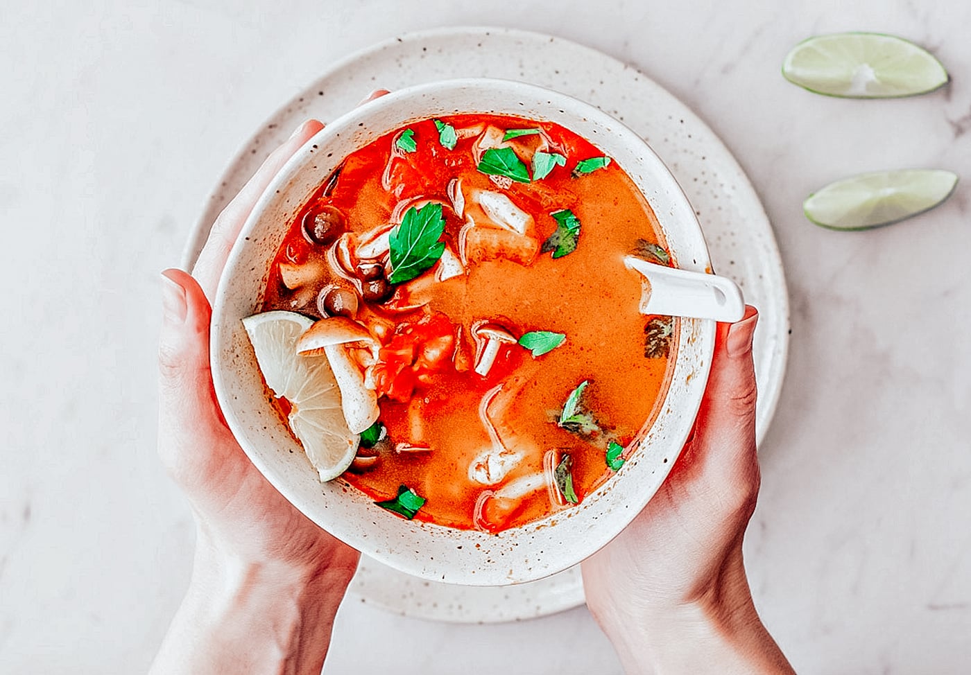 Hands holding bowl of soup.