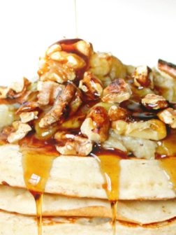 Pancakes with Banana Honey Compote and Toasted Walnuts