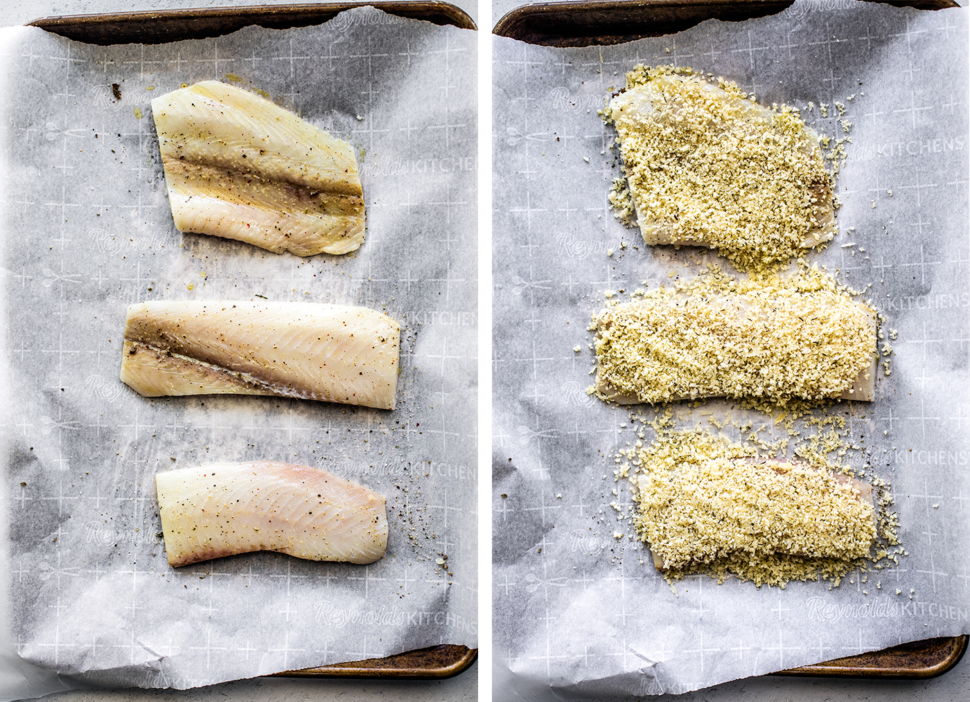 Two overhead shots of flounder fillets on baking sheet; one shot unbreaded, the other breaded.