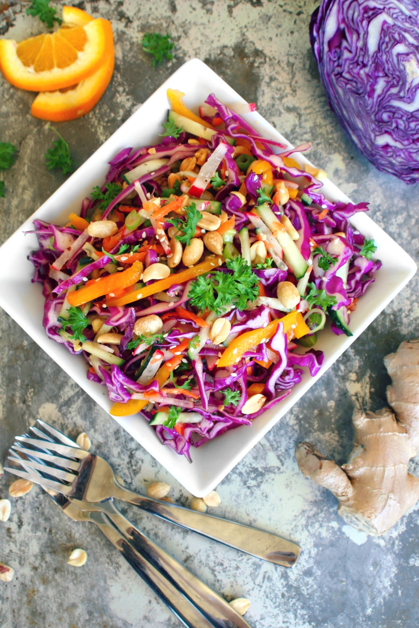 Orange and Ginger Cabbage Slaw with Roasted Peanuts