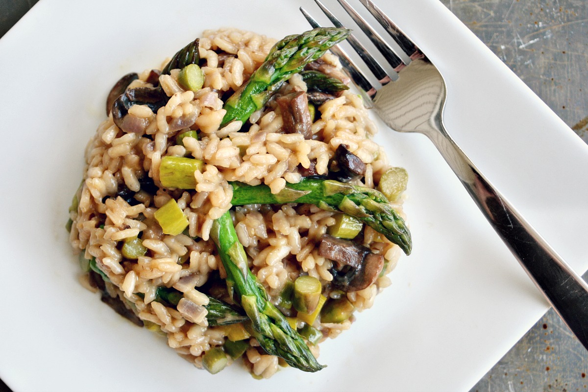 beer risotto with mushrooms and asparagus
