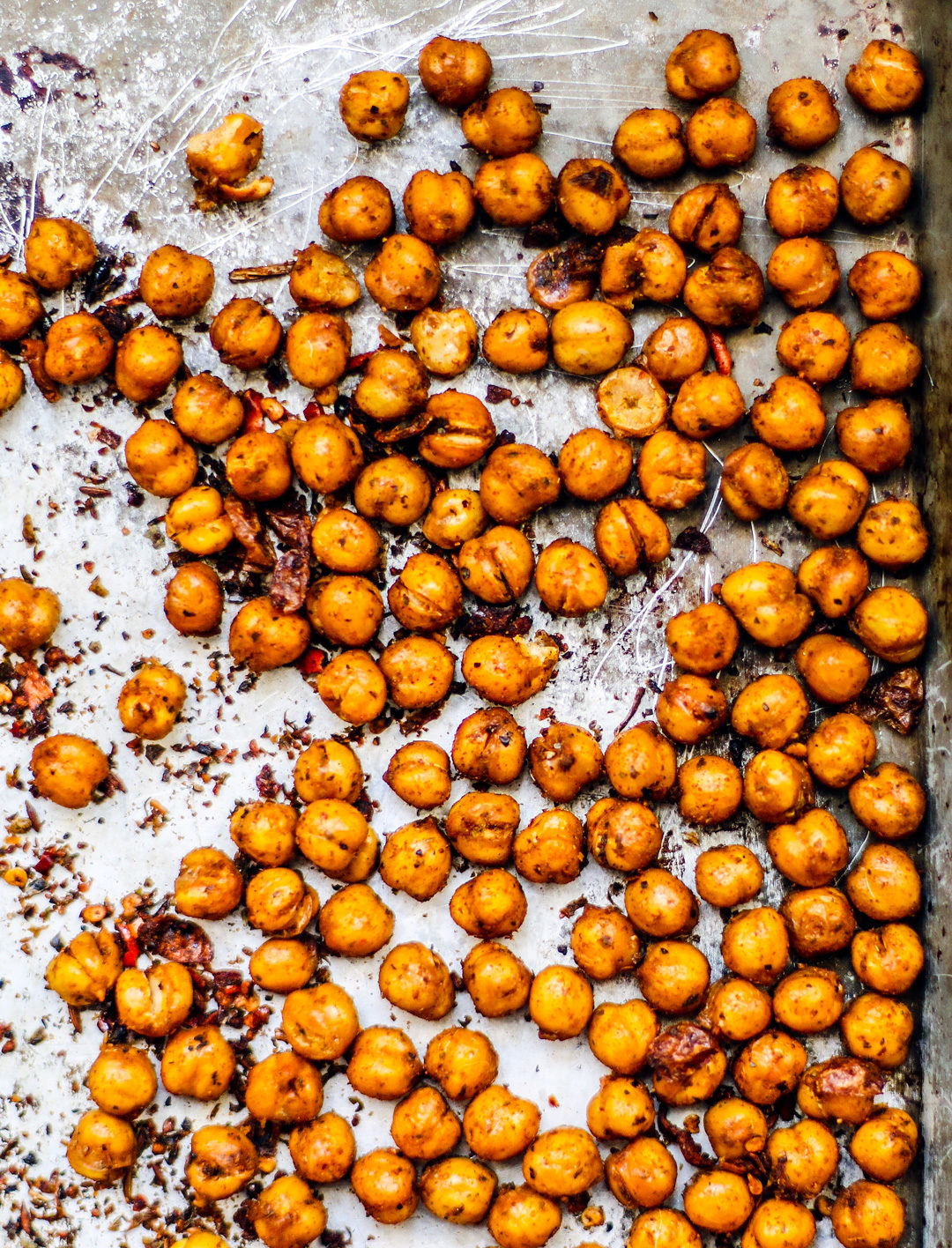 Baking tray full of crispy chipotle chickpeas.