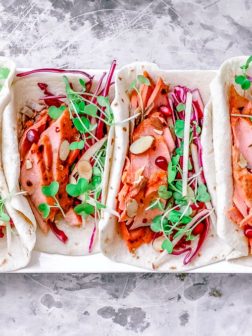 Sweet and Spicy Salmon Tacos With Apple Almond Slaw