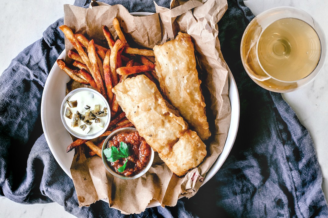 cumin beer battered fish with jalapeño tartar sauce