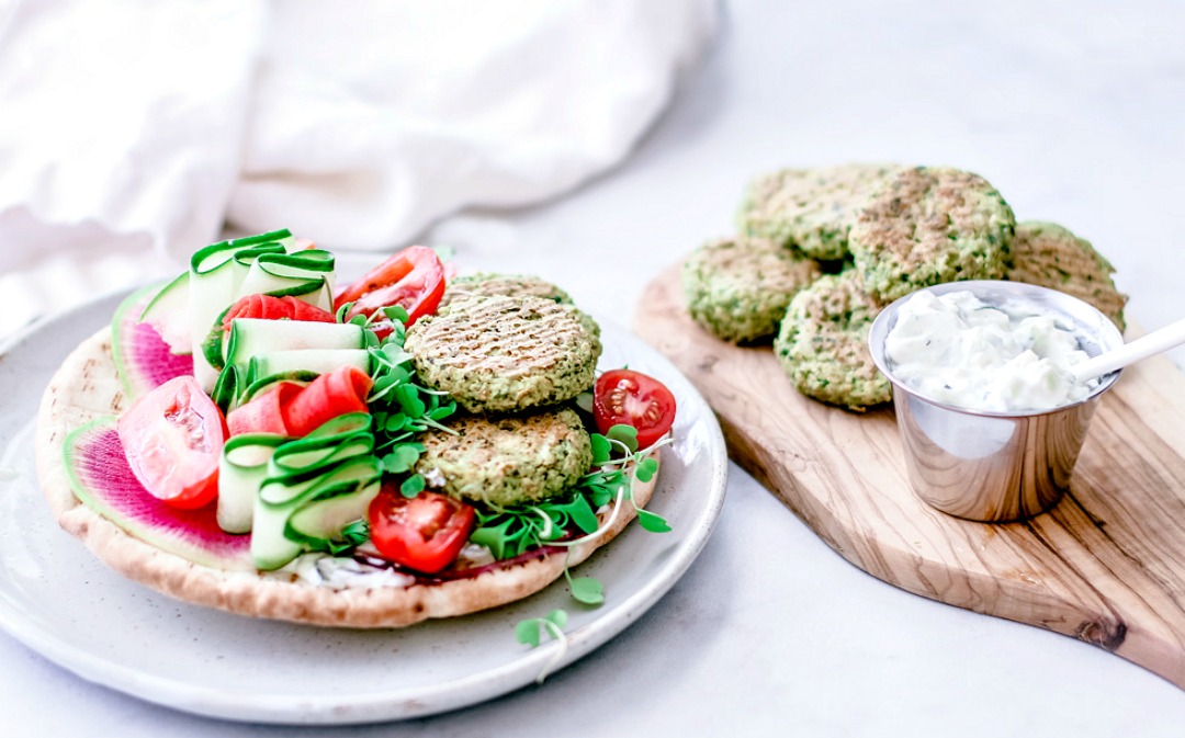 Crispy Baked Falafel With Spinach on a pita