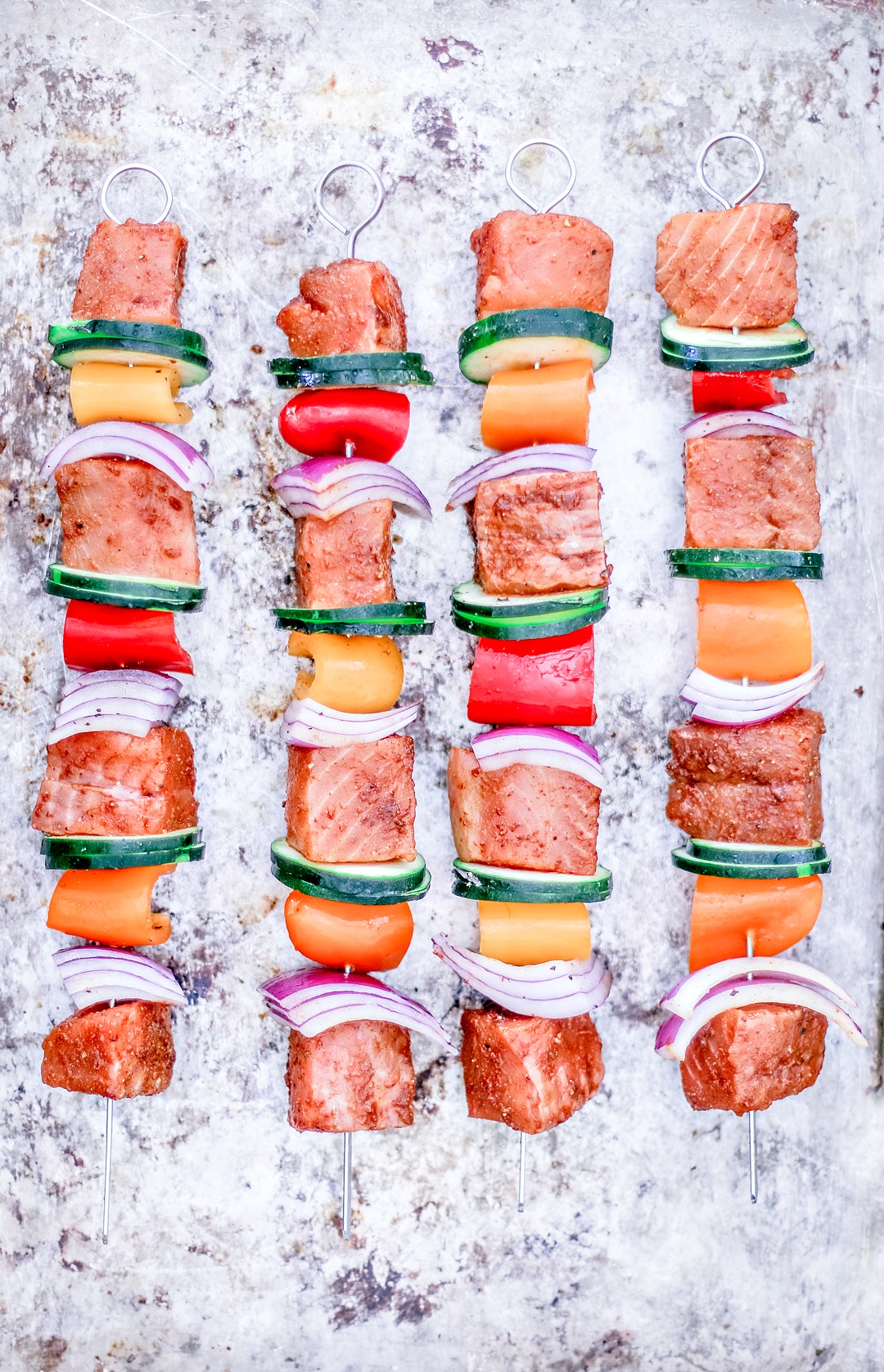 Easy Grilled Salmon Kebabs before being grilled