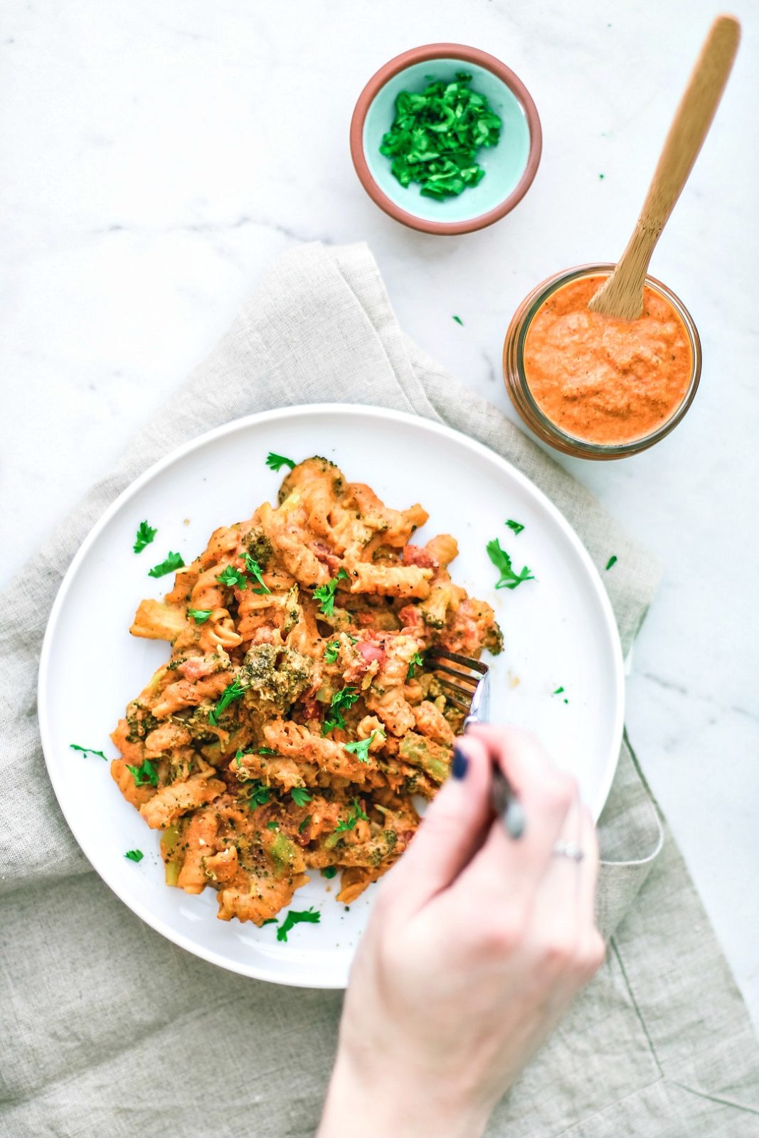Creamy Instant Pot Pasta With Romesco Sauce being served