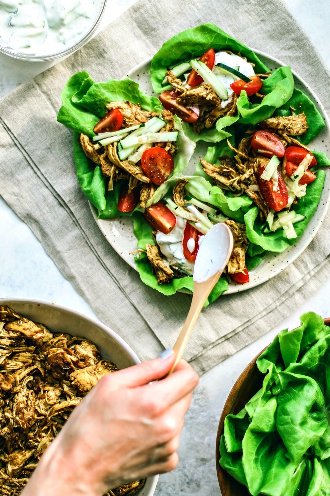 Instant Pot Chicken Shawarma Lettuce Cups and tzatziki