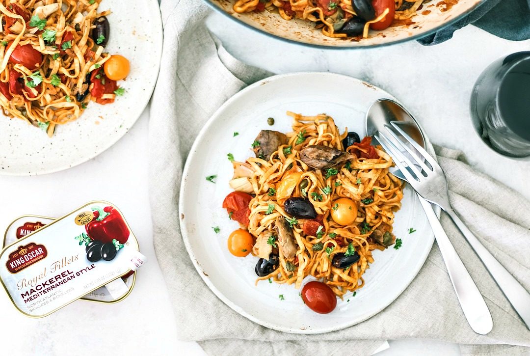 One-Pot Mediterranean Pasta With Mackerel on a plate