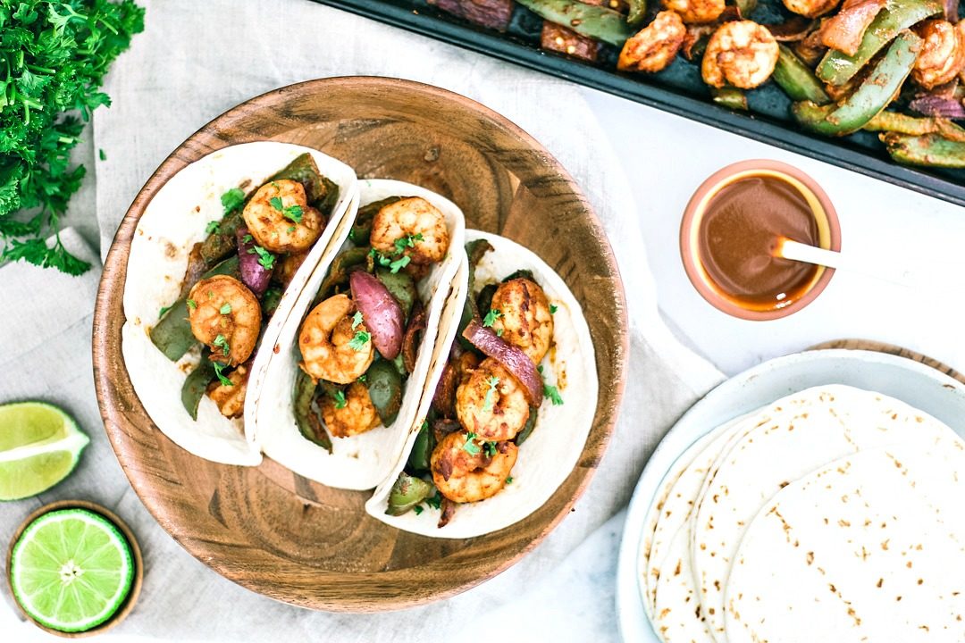 Sheet Pan Shrimp Fajitas With Chiles plated and styled