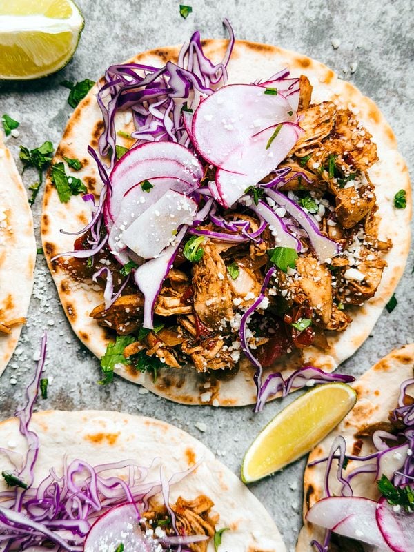 Spicy Chipotle Shredded Chicken Tacos.