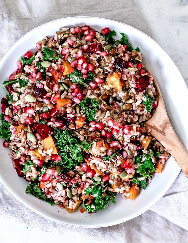 Fall Harvest Wild Rice Medley in a serving bowl with spoon.