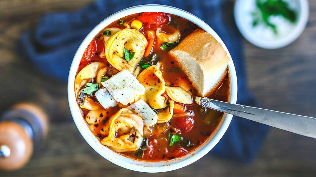 homemade vegetable soup with cheese tortellini