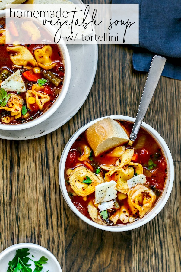 Cozy Homemade Vegetable Soup With Cheese Tortellini! #soup #souprecipes #vegetablesoup #tortellini #easyrecipe #easydinner #comfortfood #homemade #vegetarianrecipes #vegetariancooking #recipes #healthyrecipes #healthyfood