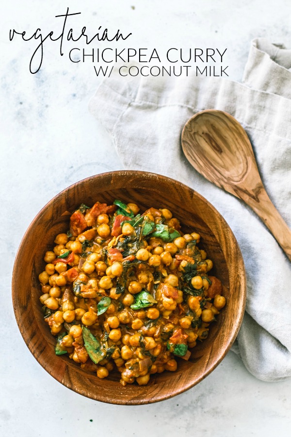 Pin Image with text—Bamboo bowl of Vegetarian Chickpea Curry.