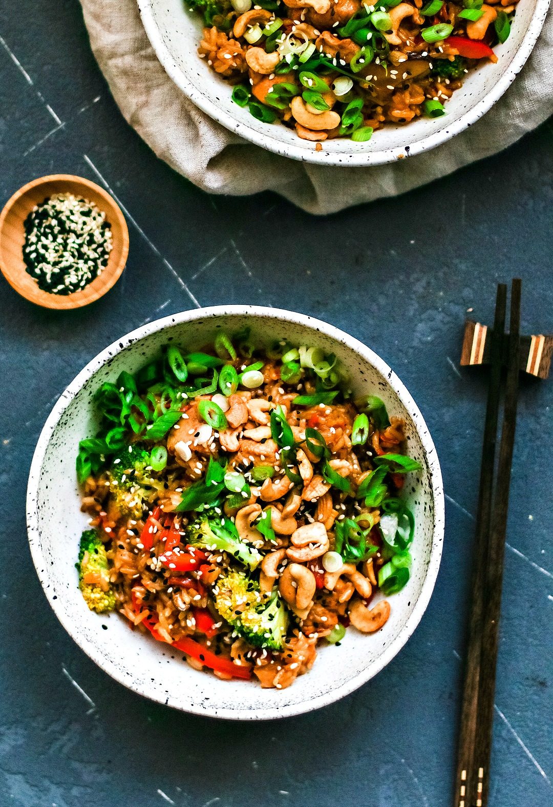 Bowl of Instant Pot Honey Garlic Cashew Chicken and Rice.