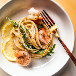 Bowl of lemon pasta with shrimp.