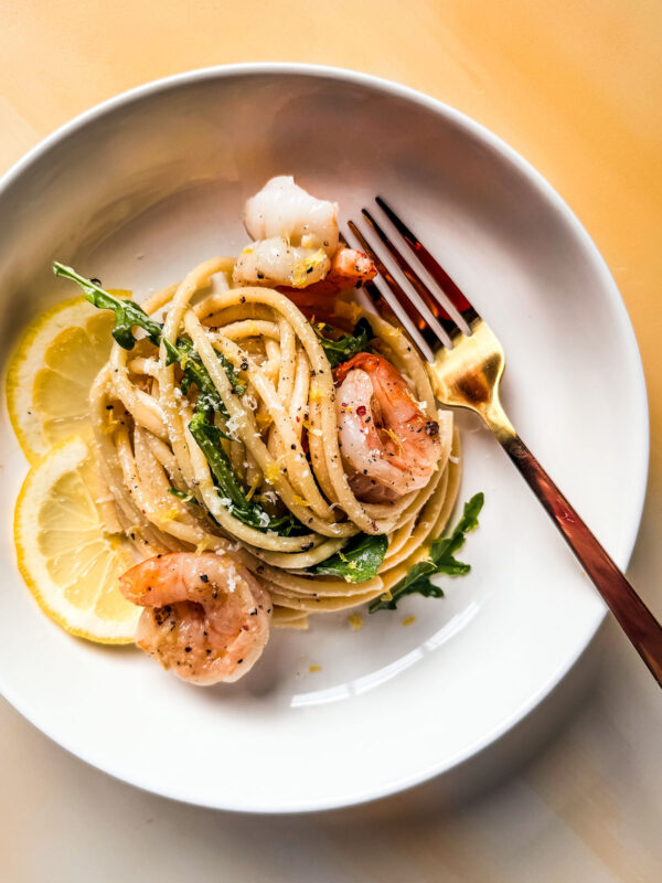 Bowl of lemon pasta with shrimp.