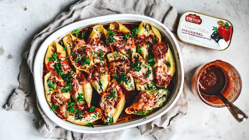 mediterranean seafood stuffed pasta shells {mackerel recipe}