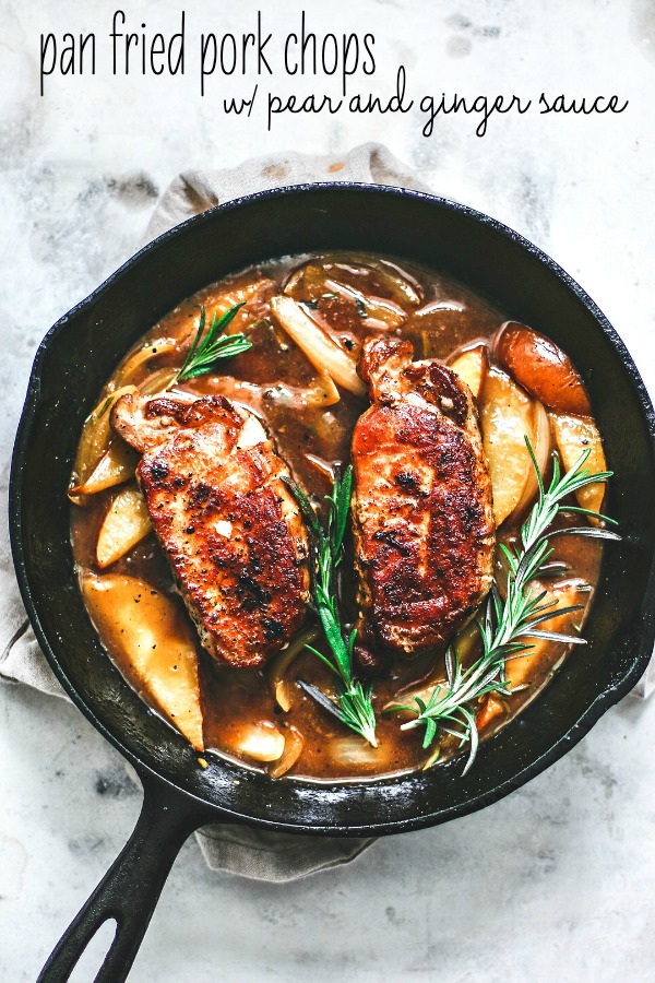 Pan Fried Pork Chops With Pear and Ginger Sauce.