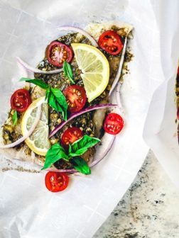 Baked Flounder in Parchment Paper with Tomatoes and Pesto
