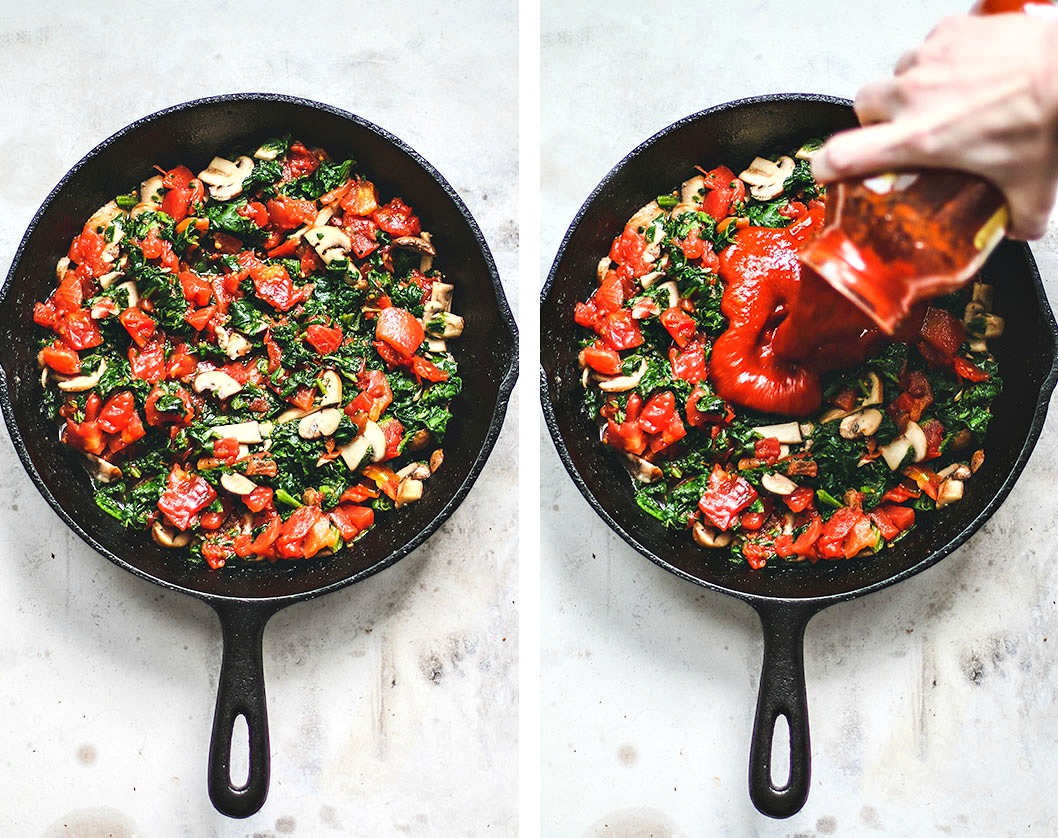 Skillet of ingredients with sauce being poured over.