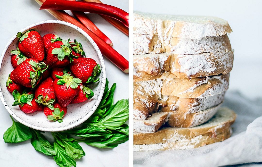 Ingredient collage with strawberries, basil, rhubarb, and sliced fresh bread.