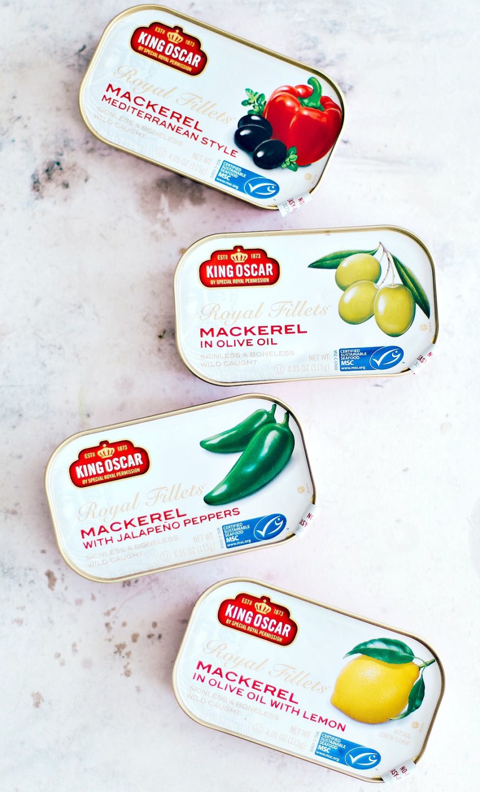 King Oscar Mackerel tins: Mediterranean, olive oil, jalapeno, and lemon.