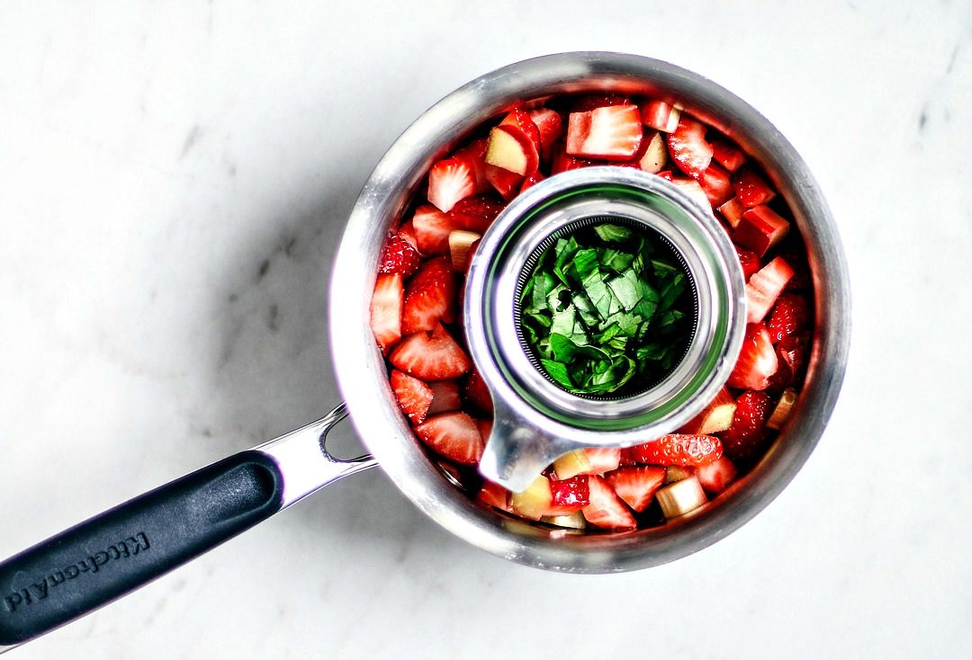 Strawberry rhubarb compote with basil infusion.