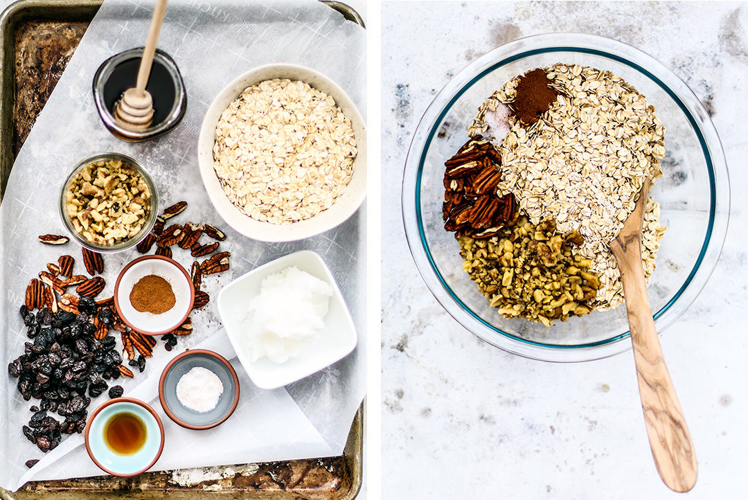Collage of ingredients for homemade granola.