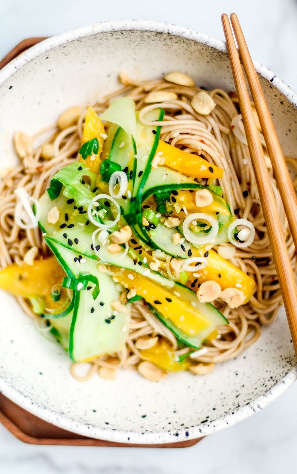 Close up of bowl of cold sesame noodles.