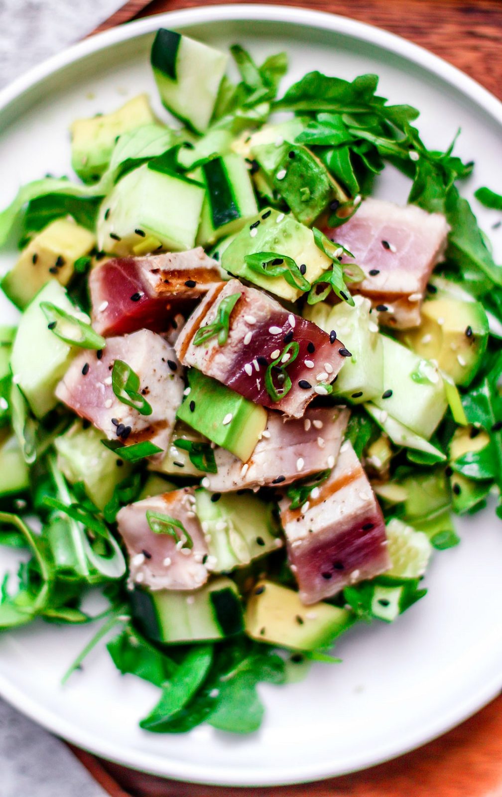 Close up of grilled tuna steak salad.