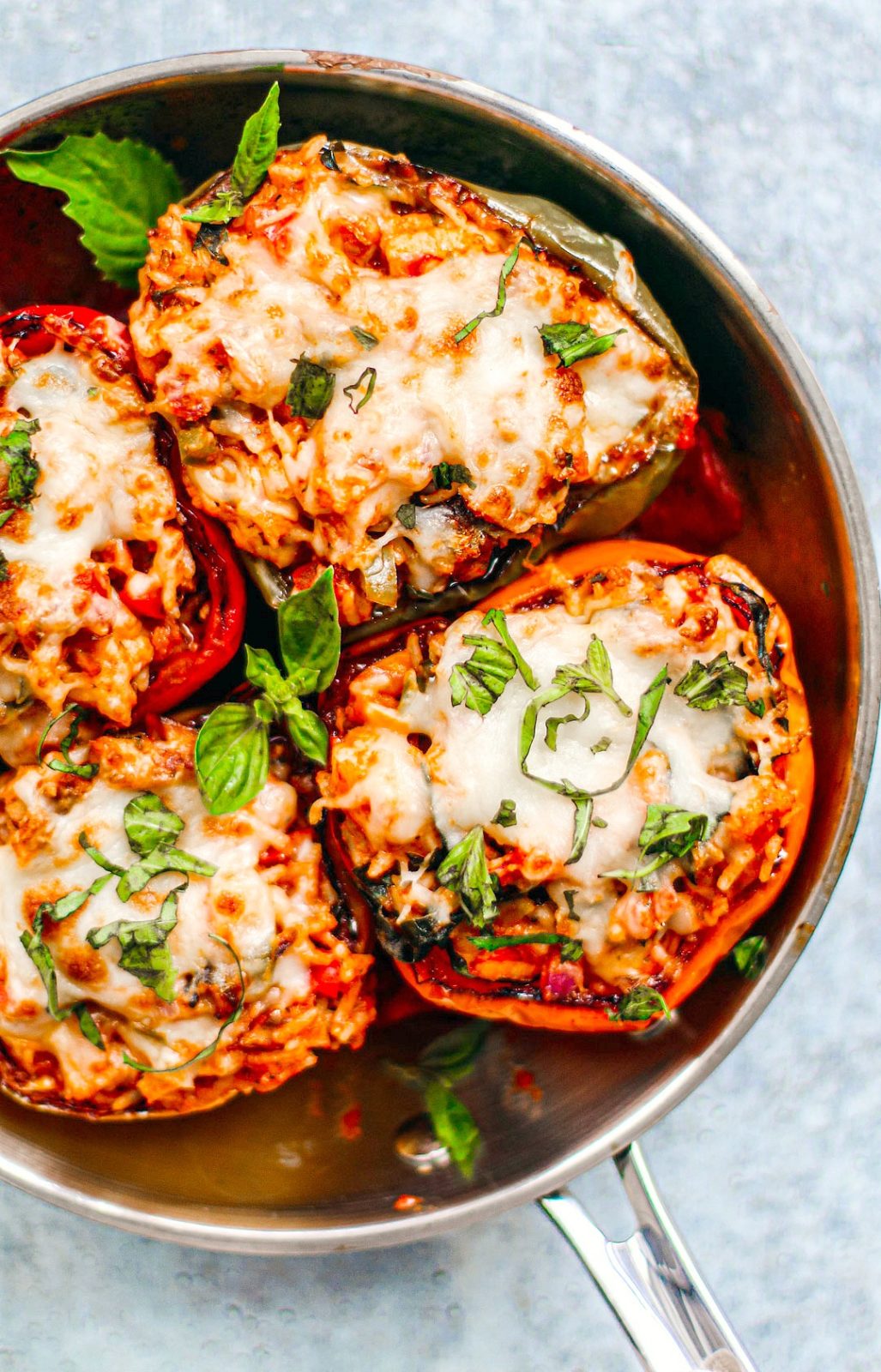Close up of seafood stuffed peppers.