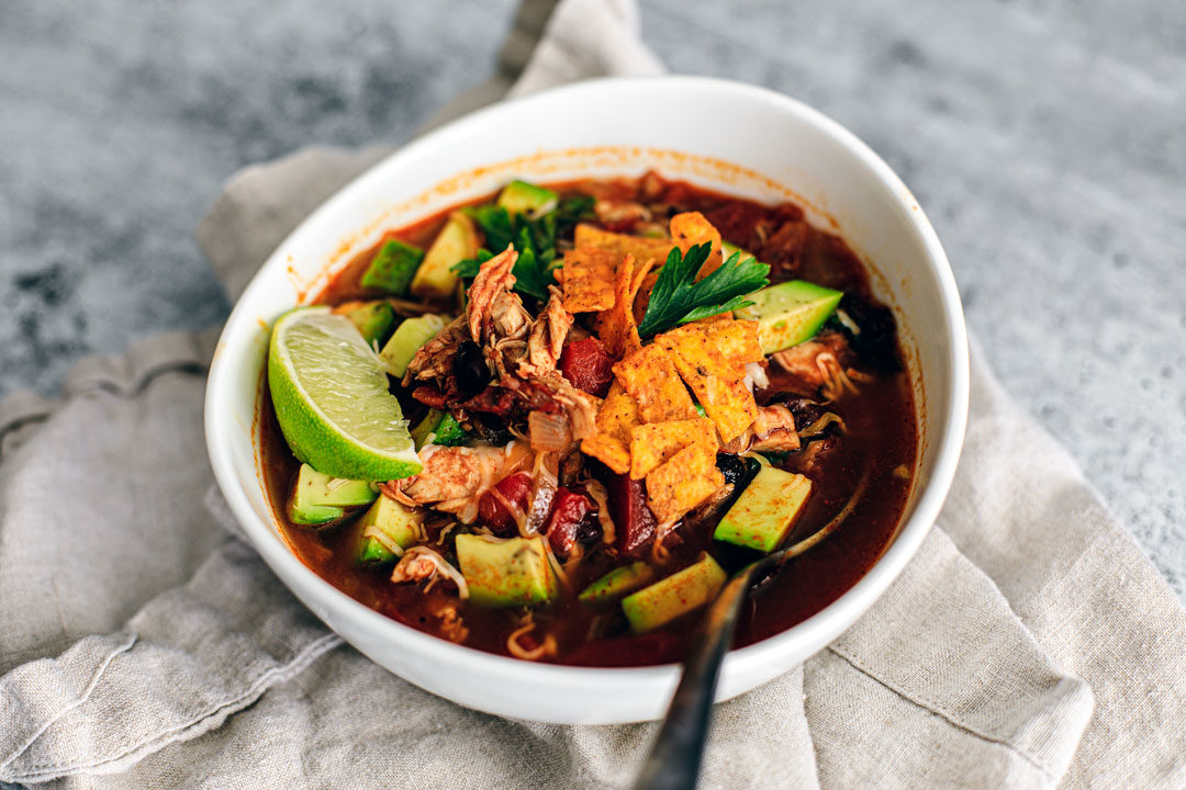 Close up of bowl of Chicken Tortilla Soup.