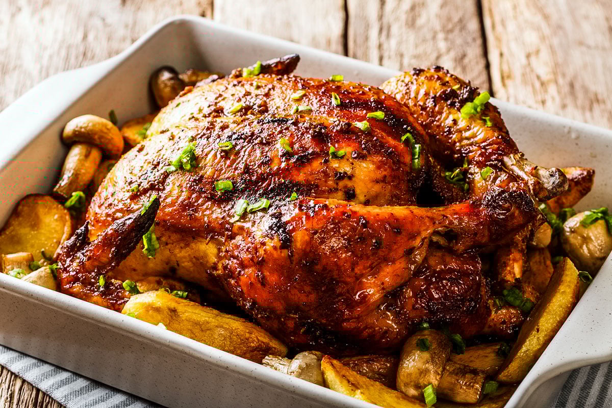 Roasted turkey in a pan.