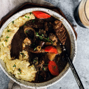 Big bowl of Guinness Beef Stew with Horseradish Mashed Potatoes.