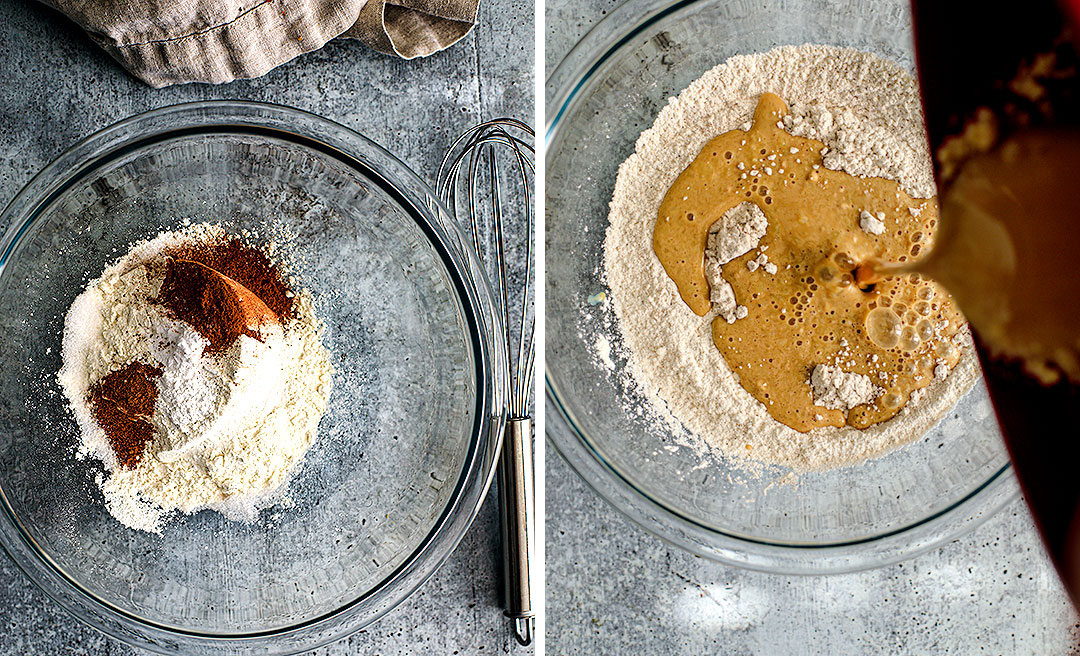 Collage: Bowl of dry ingredients and bowl of dry ingredients being mixed with wet ingredients.