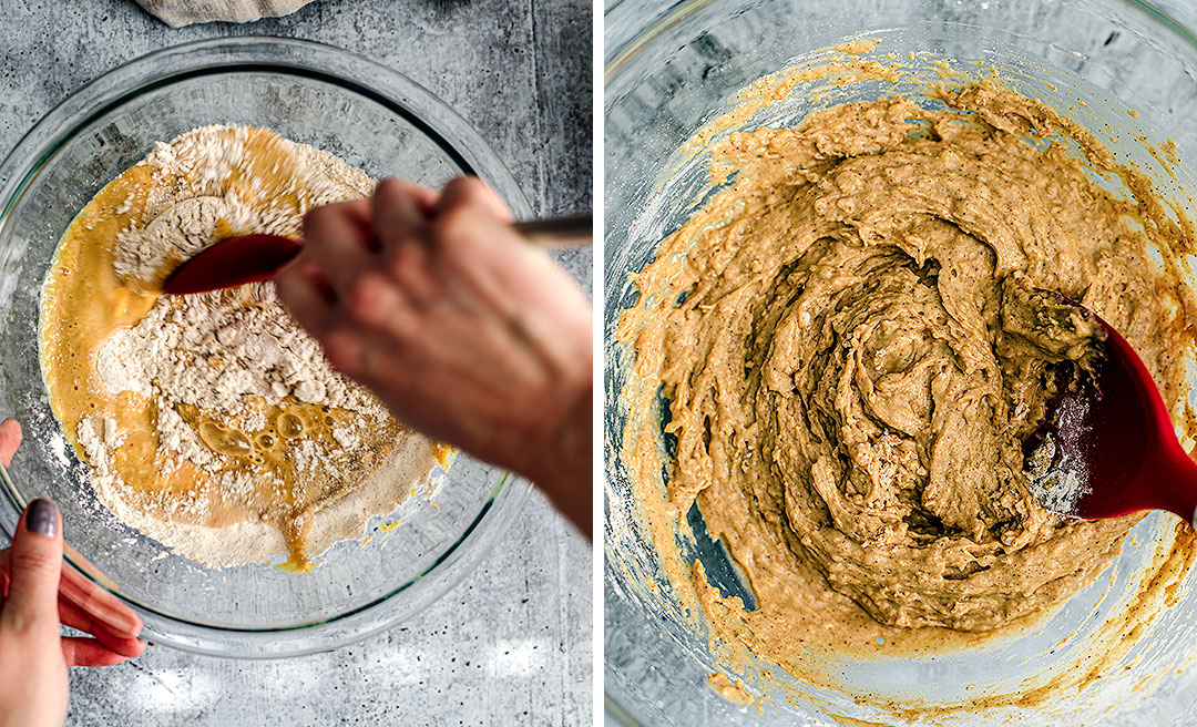 Collage: Photo of ingredients being mixed and photo of finished batter.