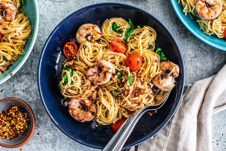 Close up of plate of shrimp scampi.
