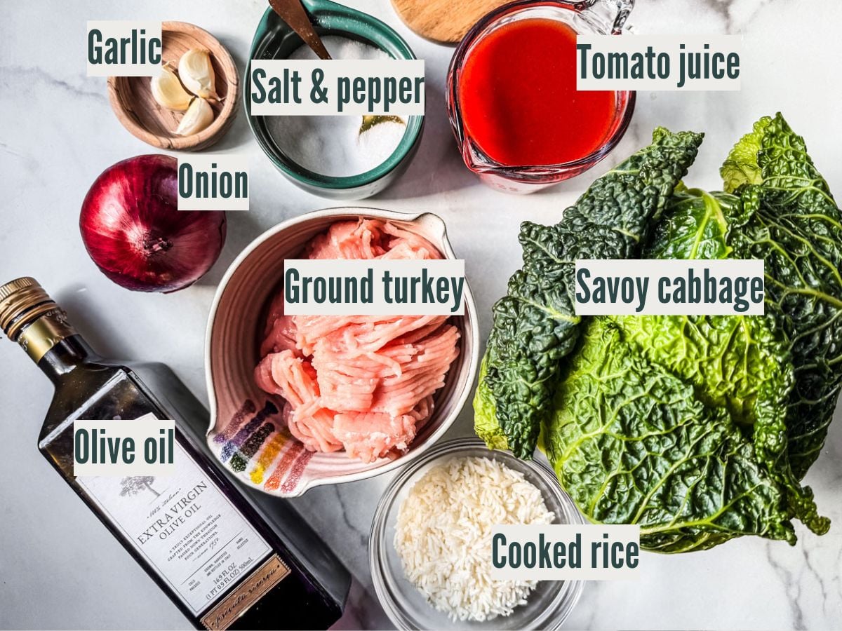 Ingredients for unstuffed cabbage rolls on a white marble countertop.