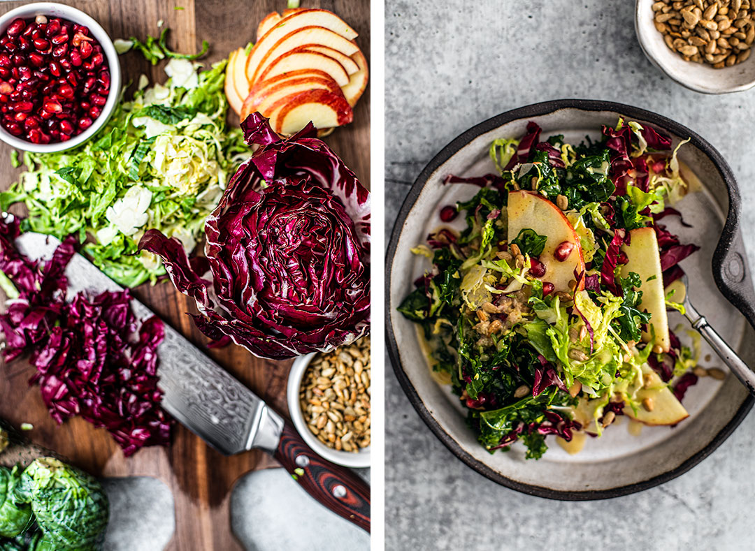 Collage of winter crunch salad ingredients.