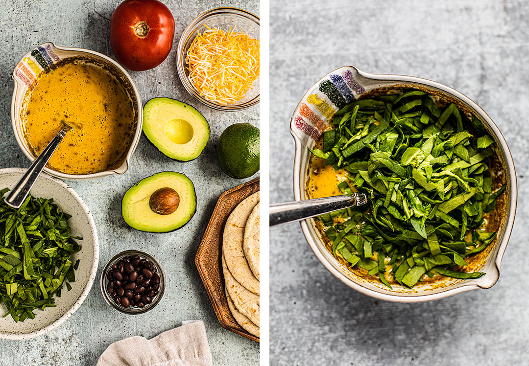 Collage of ingredients including bowl of whisked eggs, bowl of black beans, bowl of spinach, and avocado halves.