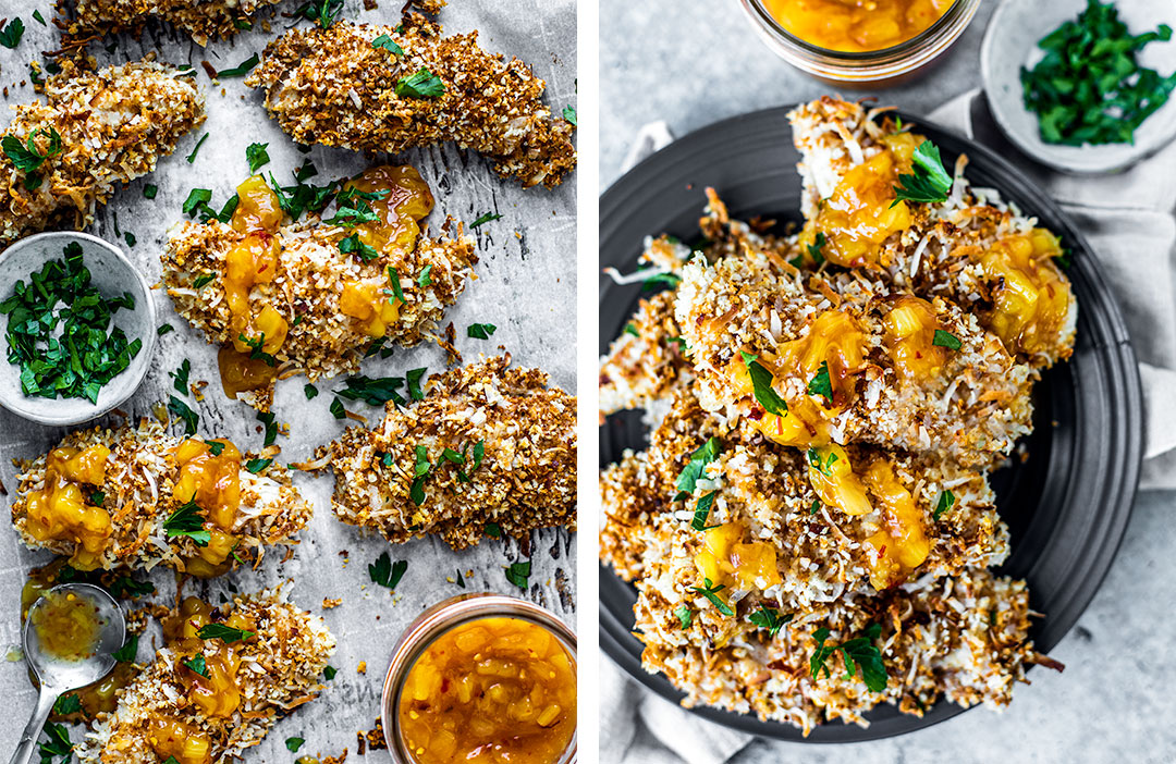 Photo collage: Left photo of chicken tenders on a sheet pan with pineapple sauce drizzled on top; right photo has same chicken tenders stacked on a plate.