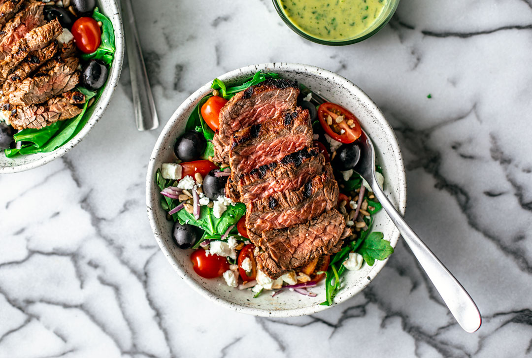 Bowls of Greek Steak Salad.