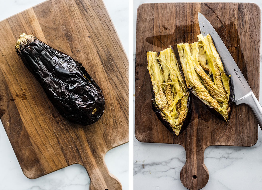 Left photo: roasted eggplant on cutting board; Right photo: Roasted eggplant cut in half on cutting board.