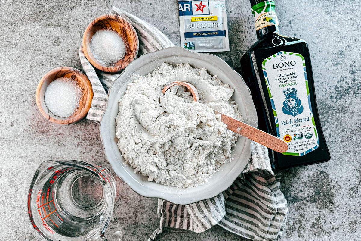 Ingredients for same-day no-knead pizza dough.