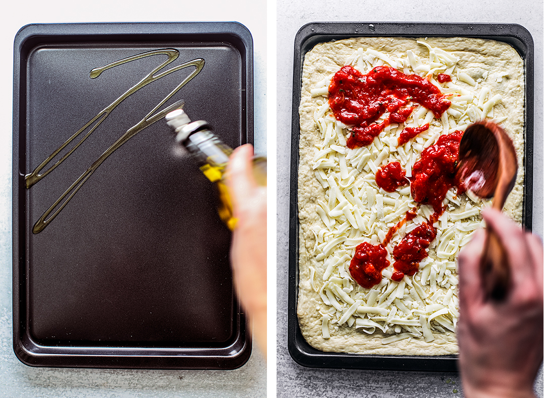Left: pan getting a drizzle of olive oil; right: pizza in pan getting a drizzle of sauce.