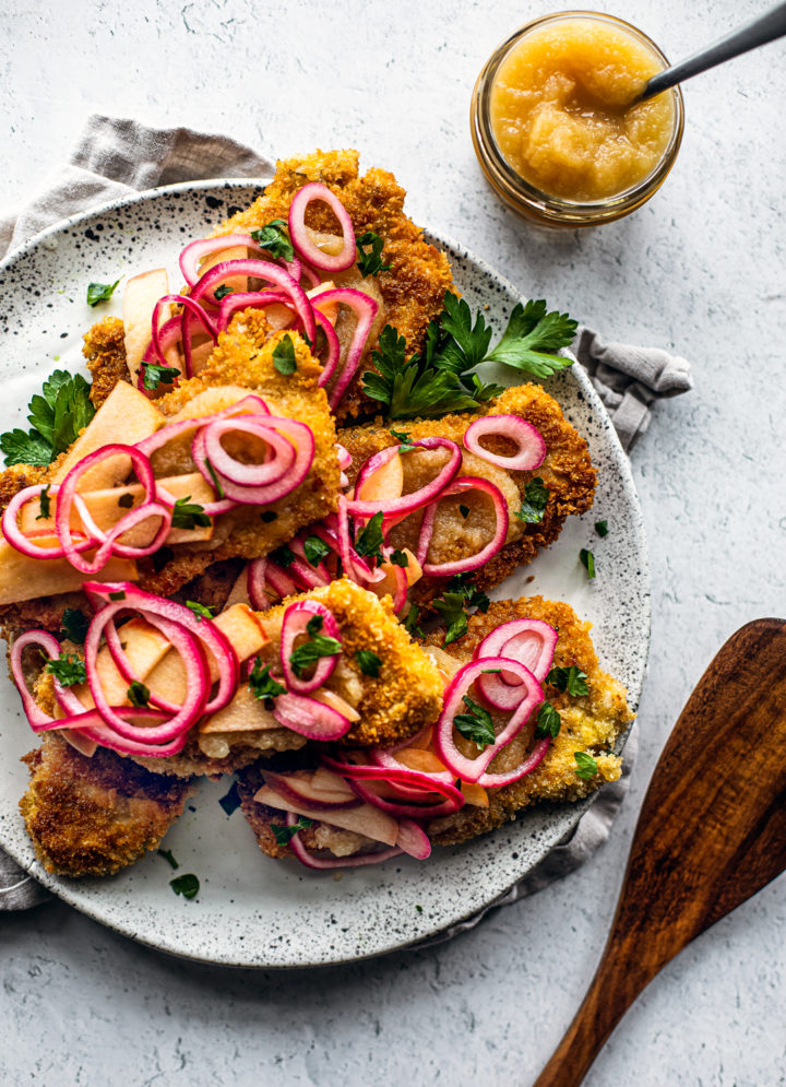 Pork Schnitzel with Quick Pickled Onions and Apples - Killing Thyme