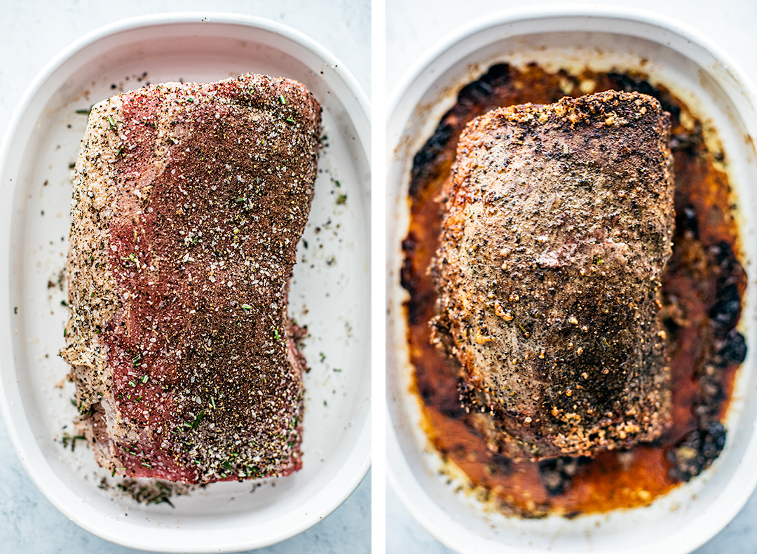 Left: uncooked beef with dry rub; right: cooked roast with salt and pepper crust.